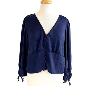American Eagle Lantern Sleeve Navy Satin Cropped Blouse XL